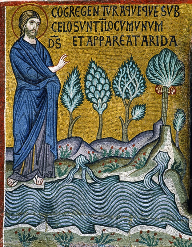 Chapelle palatine de Palerme
Mosaïque byzantine
La Genèse
Au troisième jour, Dieu divise la masse des eaux et crée les rivières, les mers, des plantes et des arbres

Palerme (Italie, Sicile), Palais des Normands, Chapelle Palatine (Palazzo dei Normanni, Cappella Palatina), consacrée en 1143.