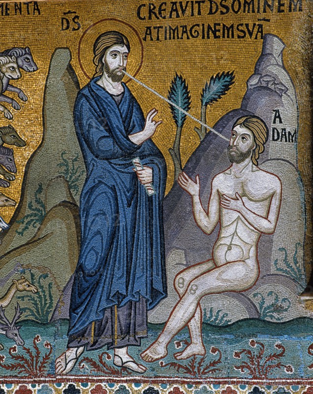 Chapelle palatine de Palerme
Mosaïque byzantine
La Genèse
Dieu crée Adam à son image et à sa ressemblance
Le souffle de la vie

Palerme (Italie, Sicile), Palais des Normands, Chapelle Palatine (Palazzo dei Normanni, Cappella Palatina), consacrée en 1143.