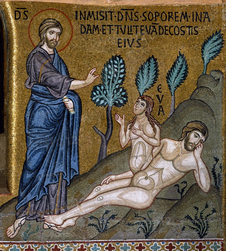 Chapelle palatine de Palerme
Mosaïque byzantine
La Genèse
Dieu crée Eve à partir d'une côte d'Adam

Palerme (Italie, Sicile), Palais des Normands, Chapelle Palatine (Palazzo dei Normanni, Cappella Palatina), consacrée en 1143.
