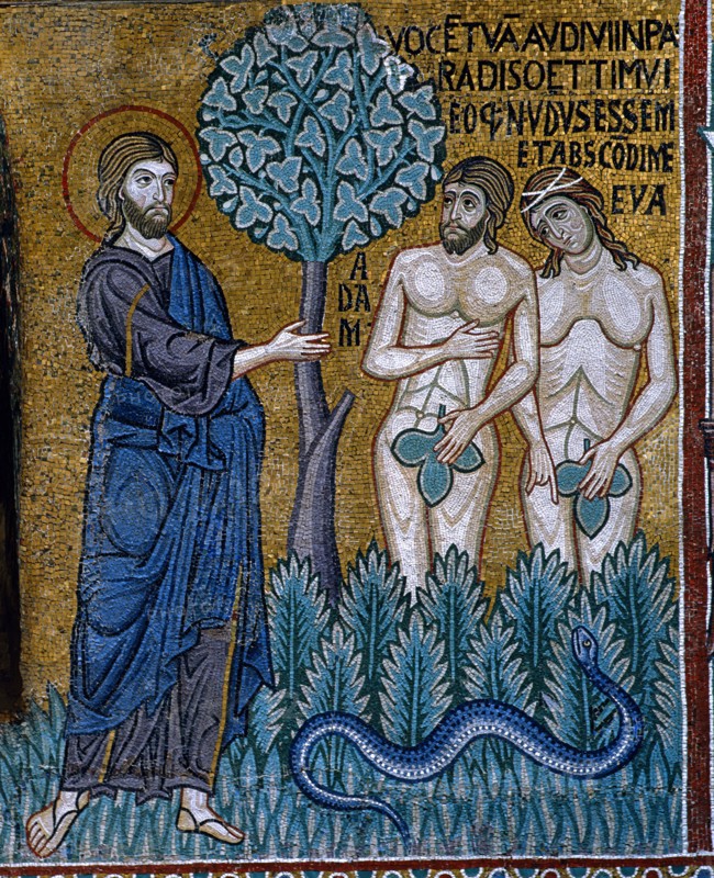 Chapelle palatine de Palerme
Mosaïque byzantine
La Genèse
Le péché originel
Adam et Eve après avoir mangé le fruit défendu
La honte de leur nudité

Palerme (Italie, Sicile), Palais des Normands, Chapelle Palatine (Palazzo dei Normanni, Cappella Palatina), consacrée en 1143.