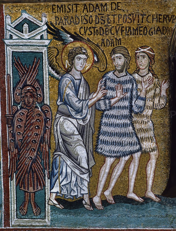 Chapelle palatine de Palerme
Mosaïque byzantine
La Genèse
Le péché originel
Adam et Eve chassés du Paradis

Palerme (Italie, Sicile), Palais des Normands, Chapelle Palatine (Palazzo dei Normanni, Cappella Palatina), consacrée en 1143.