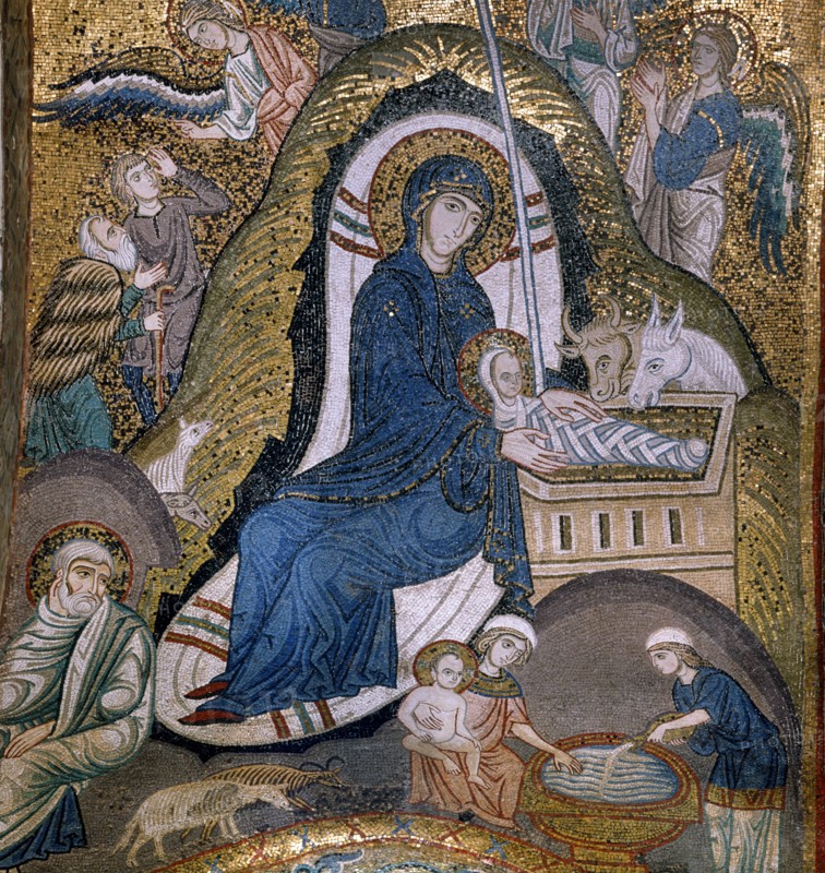 Eglise Santa Maria dell'Ammiraglio, dite "La Martorana", à Palerme (Sicile)
Mosaïque byzantine de la voûte : La Nativité
Détail
12e siècle.