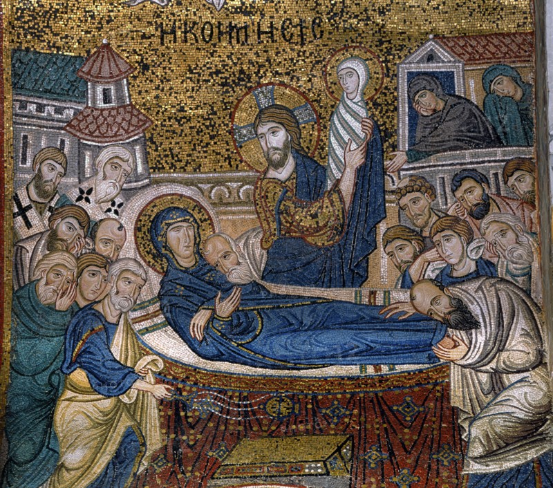 Eglise Santa Maria dell'Ammiraglio, dite "La Martorana", à Palerme (Sicile)
Mosaïque byzantine de la voûte : La Dormition de la Vierge
12e siècle.