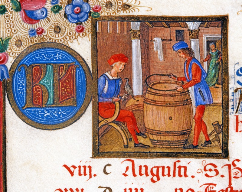 Bréviaire d'Ercole d'Este : La fabrication des tonneaux pour les vendanges