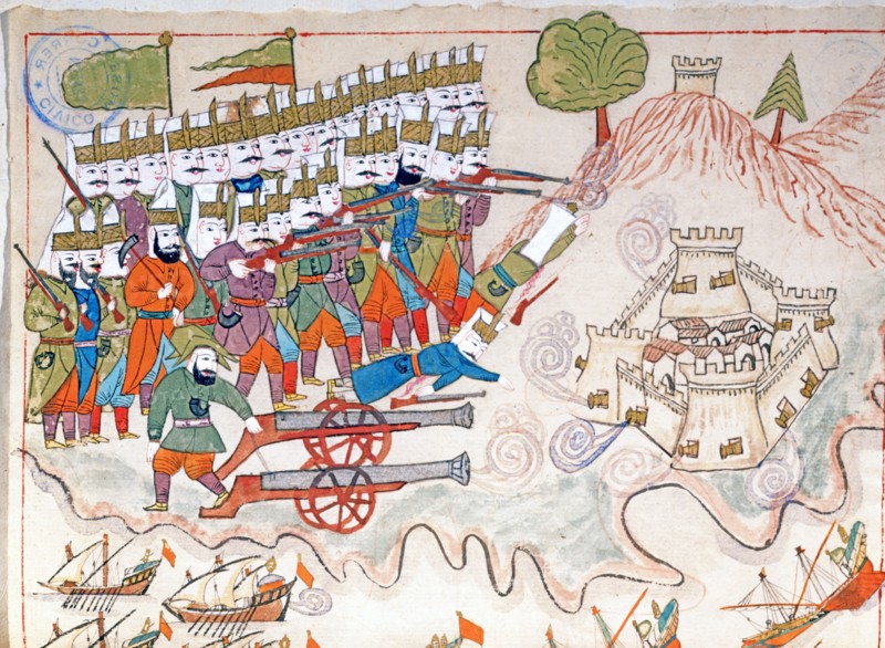 Ottoman troops at the reconquest of the island of Lemnos in the Aegean Sea occupied by the Venetians (detail)