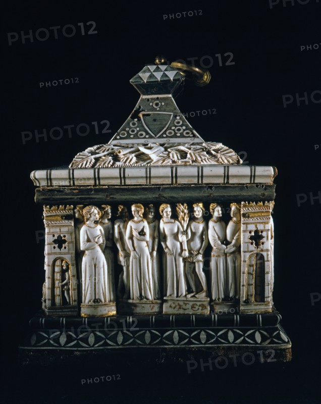 Coffret en os sculpté et bois décoré