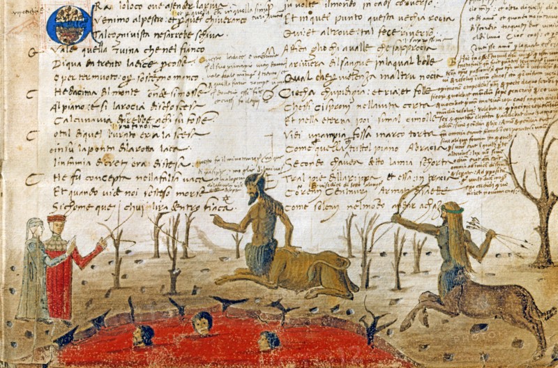 "La Divine Comédie", l'Enfer : Dante et Virgile avec le centaure Nessus