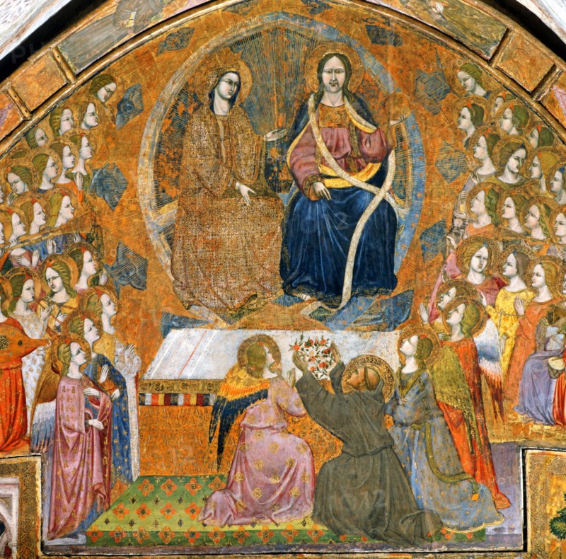 Jesus and Mary appear to St. Francis who asks them for their plenary indulgence for the Porziuncola d'Assisi