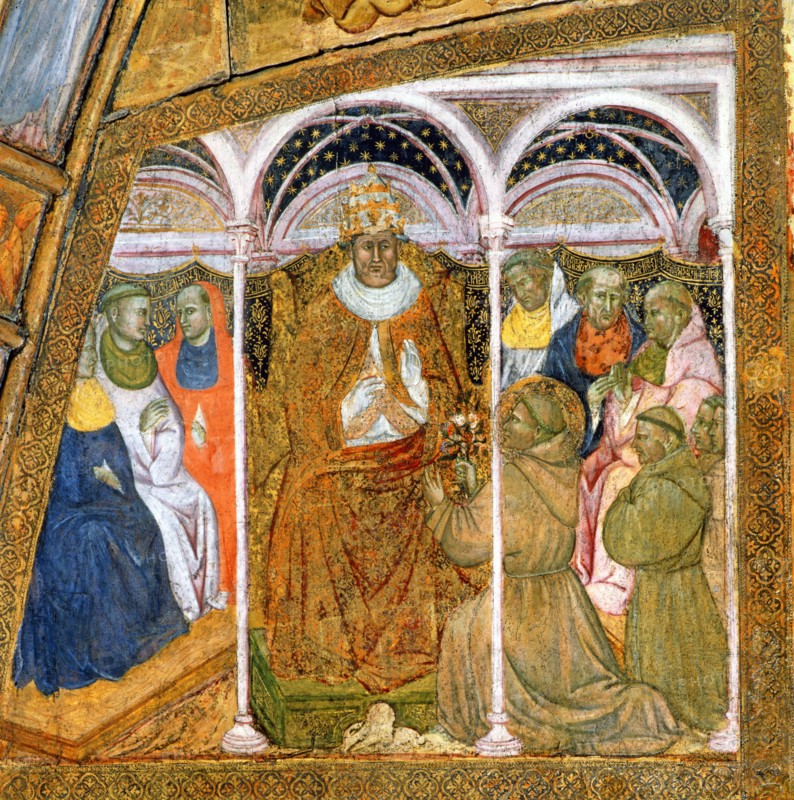 Saint François, accompagné de moines, demande au pape Honorius III l'indulgence plénière pour Assise