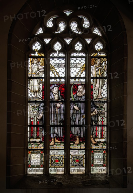 Martin Luther and Martin Rinckart. Stained glass window of the church of Sainte-Anne in Eisleben