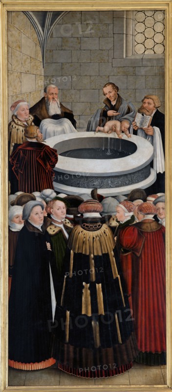Cranach the Elder, Altarpiece of the Reformation, left panel: Philippe Melanchton baptizing a child