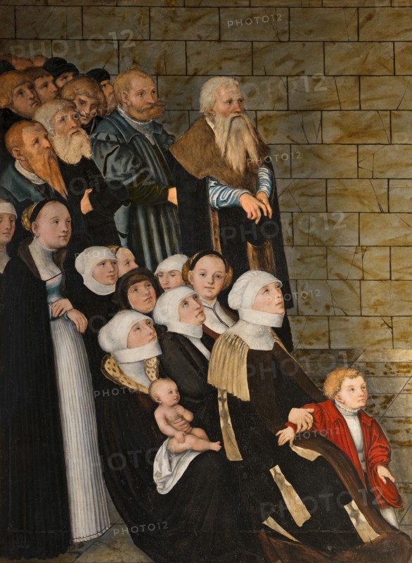Cranach the Elder, Altarpiece of the Reformation, detail of the lower panel: Faithful listeners to Martin Luther's sermons