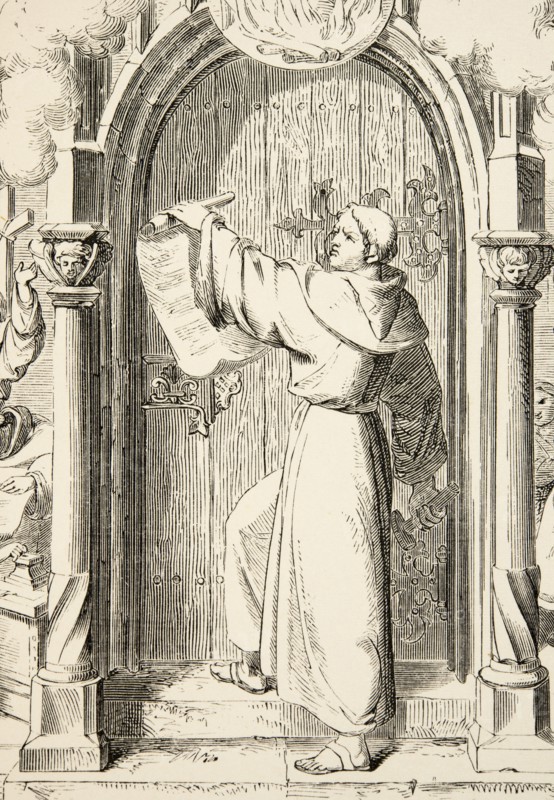 La vie de Martin Luther : Martin Luther affiche ses 95 thèses sur le portail de la Schlosskirche (Eglise de la Toussaint) de Wittemberg
