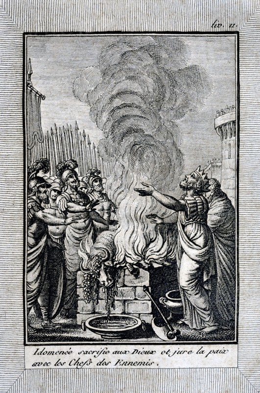 Idomenee sacrifices to the Gods and swears peace with the leaders of enemies