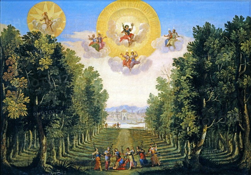 Décor de l'opéra "La Vénus jalouse" : Le Bois délicieux de l'île de Naxos. Flora, avec un chœur de Zephyrs, est élevée au Ciel