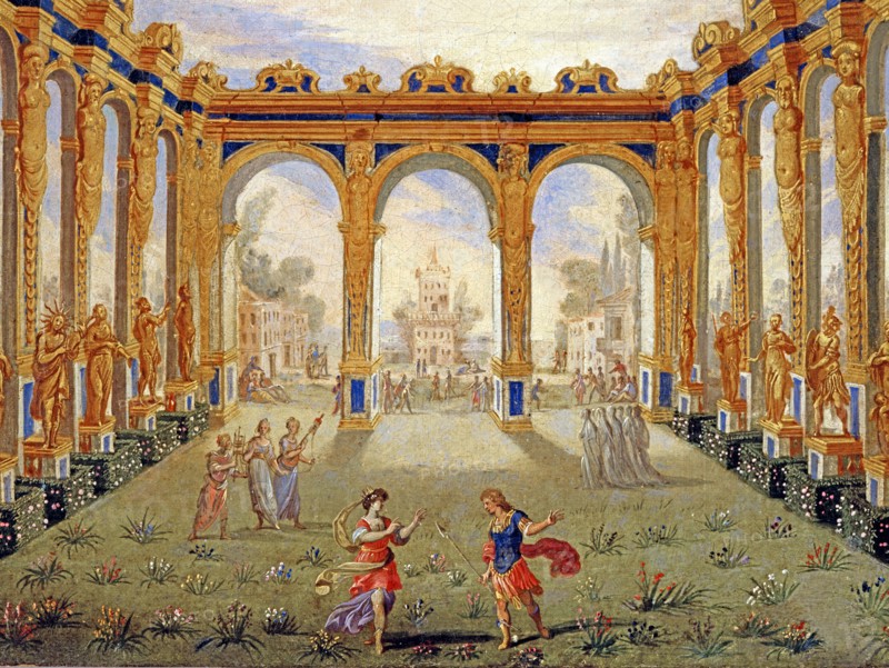 Décor de l'opéra "La Vénus jalouse" : La cour des Champs Elysées