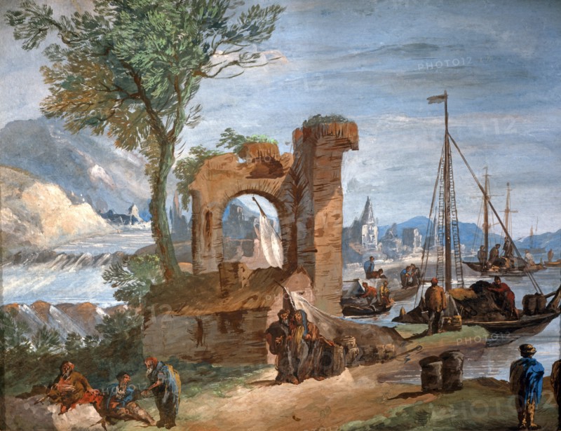 Giuseppe Bernardino Bison, Paysage imaginaire. Port avec ruines et cascade