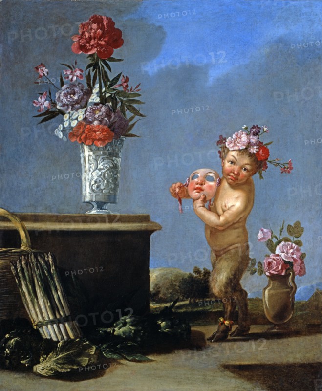 Giulio Carpioni, Petit faune avec un masque, une nature morte et deux vases de fleurs