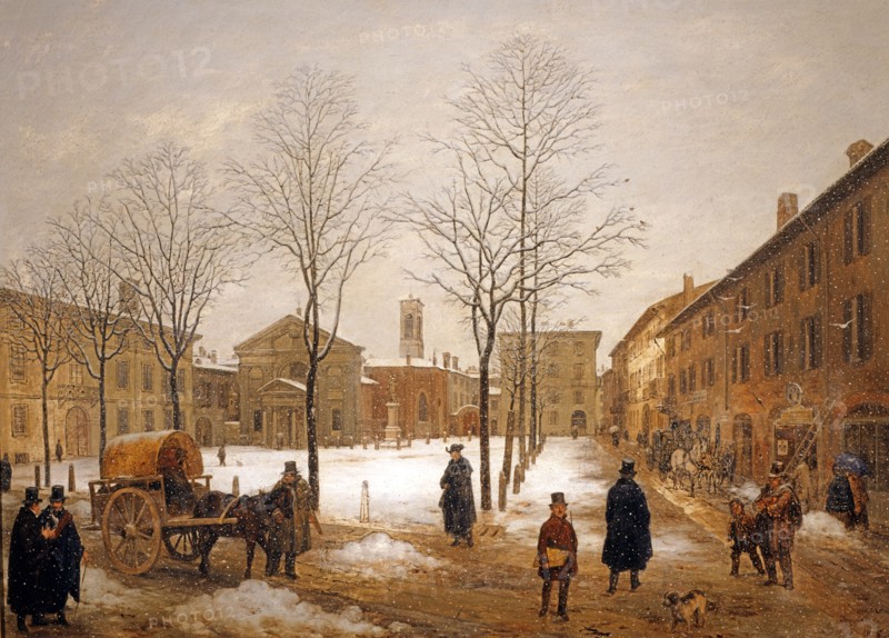 Angelo Inganni, Piazza Borromeo à Milan sous la neige