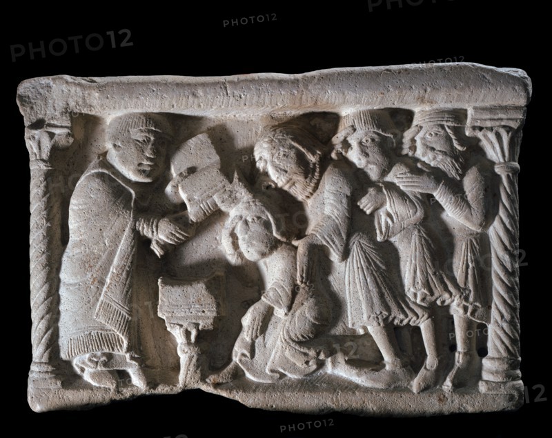 Marble stoup representing the legend of the 'Pact between the Knight and the Devil'