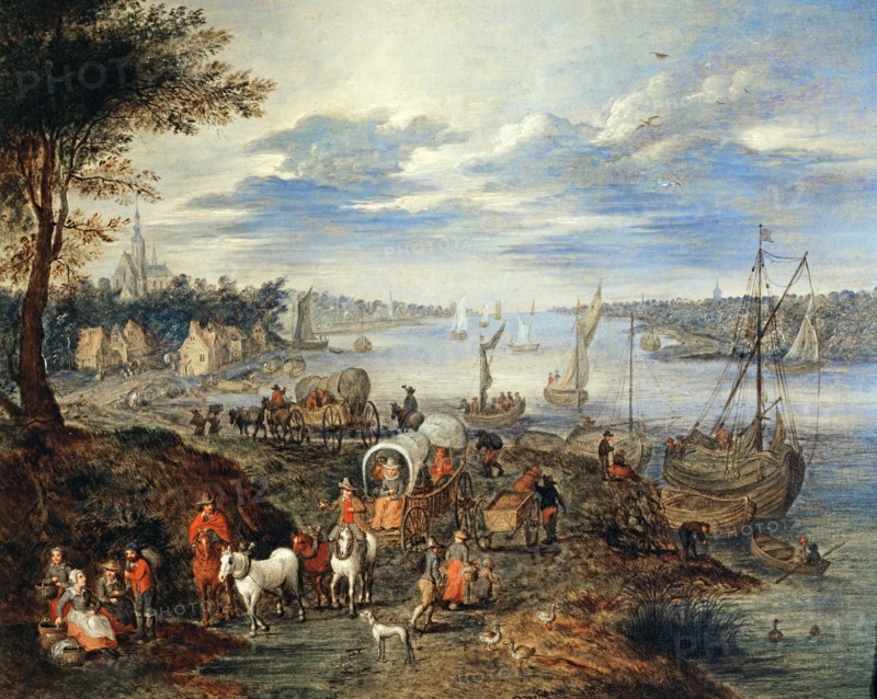 Balthazar Beschey, Paysage fluvial avec bateaux, chariots et villageois sur un chemin