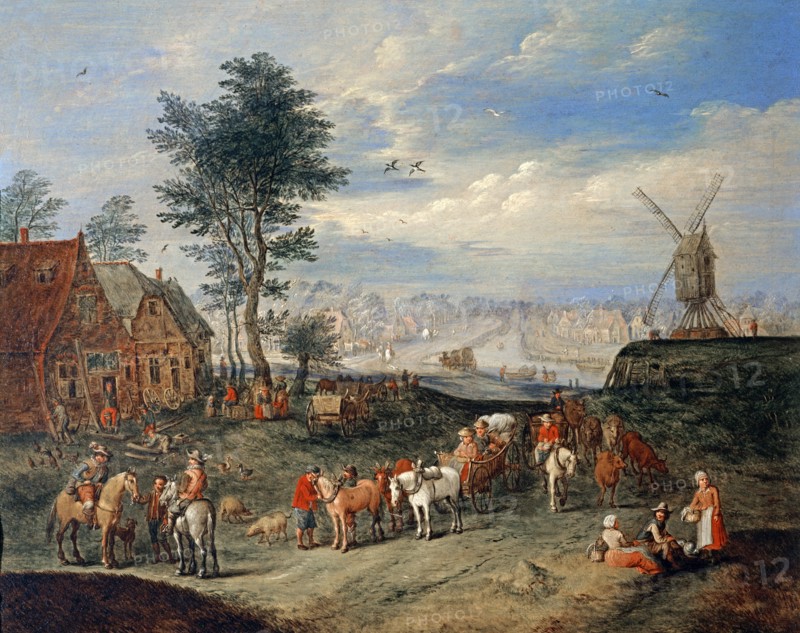 Balthazar Beschey, Paysage avec moulin à vent et personnages, un canal en arrière-plan