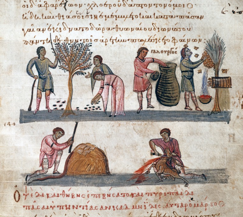 Oppian of Apamea, 'Cynegetica': The farmer's life. Harvesting olives, honey, threshing wheat, and slaughtering sheep.