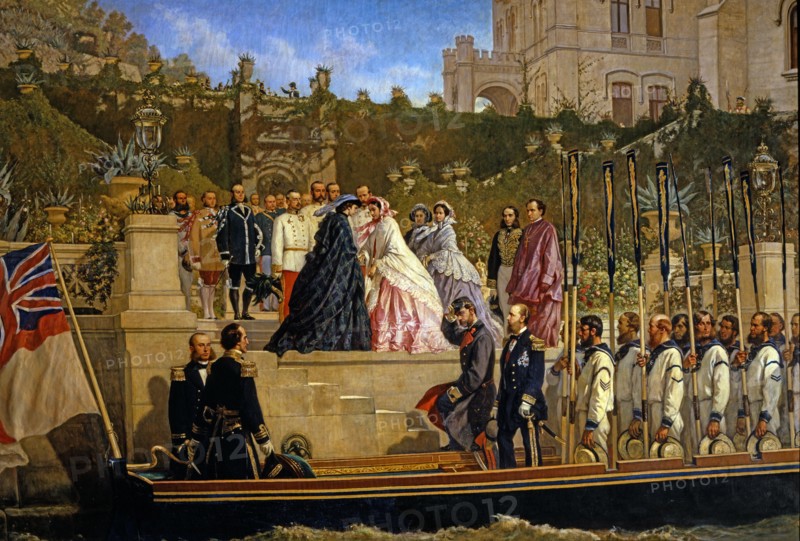 Arrival of Duchess Elisabeth of Bavaria and Franz Joseph I of Austria in Miramare, welcomed by Maximilian I and Carlota from Mexico.