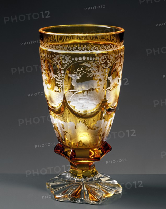 Yellow Bohemian glass, engraved with hunt scene