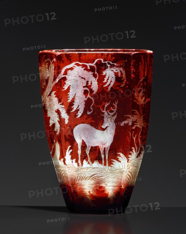 Small red Bohemian glass, engraved with hunt scene