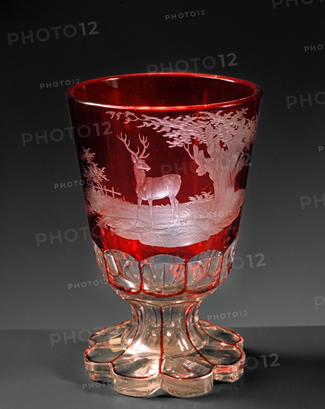 Red stemmed Bohemian glass, engraved with hunt scene