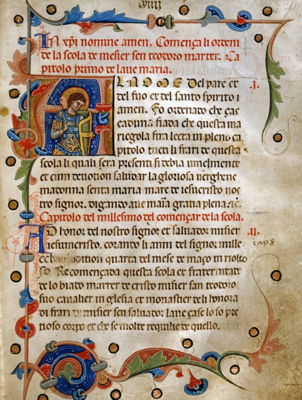 Page ornée de la lettrine A représentant saint Théodore le Stratilate