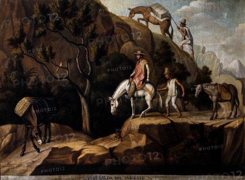 Le marchand Giuseppe Viti franchissant le saut de Sorgento pendant sa traversée des Andes avec son chargement d’albâtre