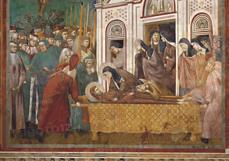 Giotto, Le cortège funéraire s’arrête devant l’église San Damiano et sainte Claire se lamente sur le corps de saint François (détail)