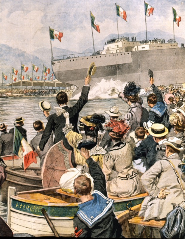 Lancement du cuirassé Roma dans l'arsenal de La Spezia, le 21 avril 1907