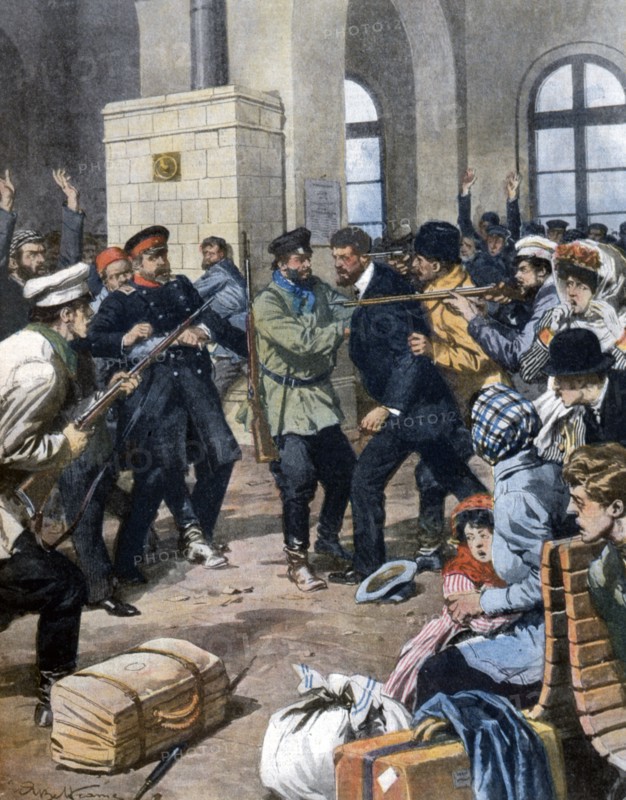 La salle d’attente d’une gare en Russie occidentale attaquée par des bandits (1909)