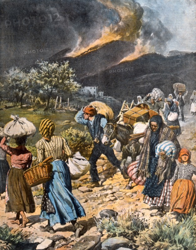 Eruption de l'Etna du 23 mars au 18 avril 1910 : exode des habitants menacés par l'avancée de la lave