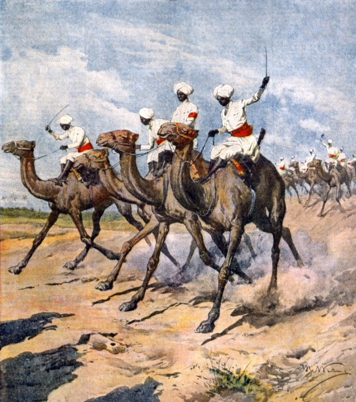 Guerre italo-turque : troupes indigènes de la colonie d'Erythrée en Tripolitaine, en reconnaissance vers les tranchées ennemies à dos de chameau (1912)