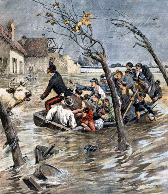 Grandes inondations en Vénétie. La rivière Piave déborde et inonde la campagne près de Vittorio Veneto (1903)