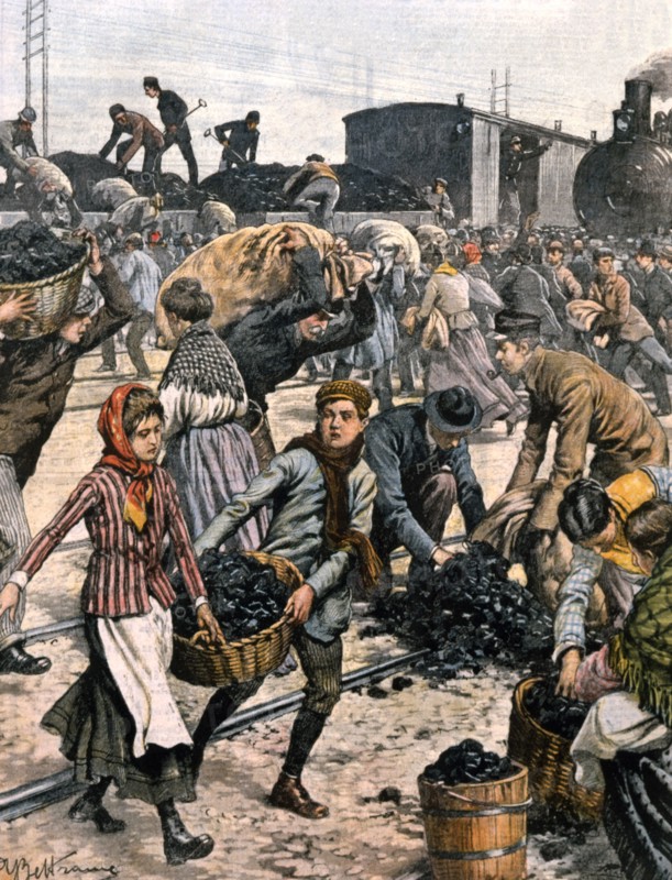 Grand froid aux États-Unis. Les habitants d'Arcola (Illinois) volent le charbon d'un train pour se chauffer (1903)