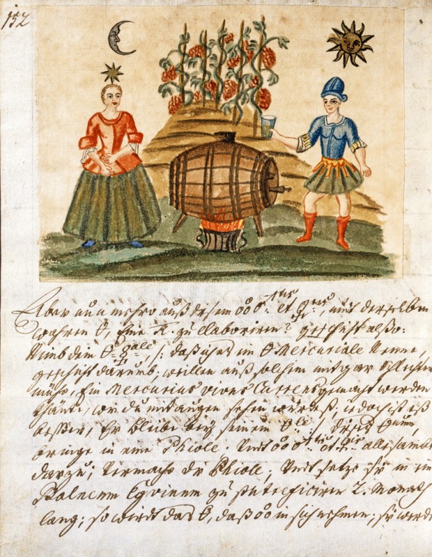 Conjonction alchimique des amoureux, soleil et lune, manuscrit alchimique "Clavis Artis" attribué à Zoroastre (Zarathoustra)
