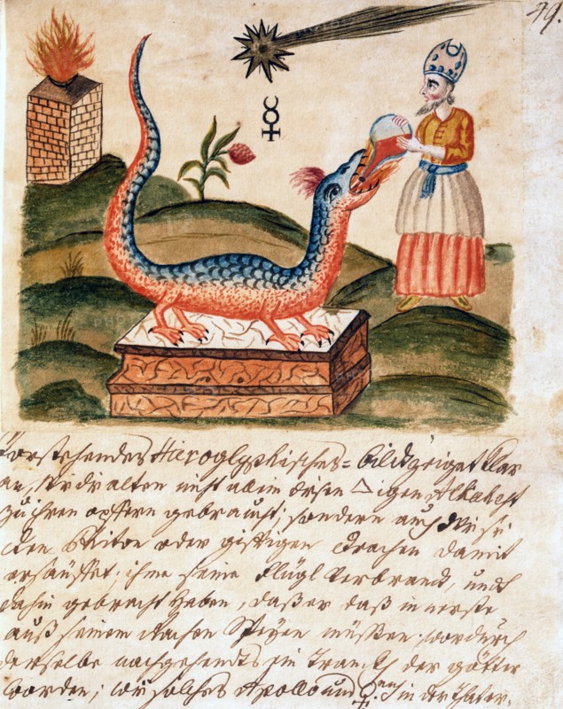 Le prêtre rend le dragon docile grâce au distillat sacré, manuscrit alchimique "Clavis Artis" attribué à Zoroastre (Zarathoustra)