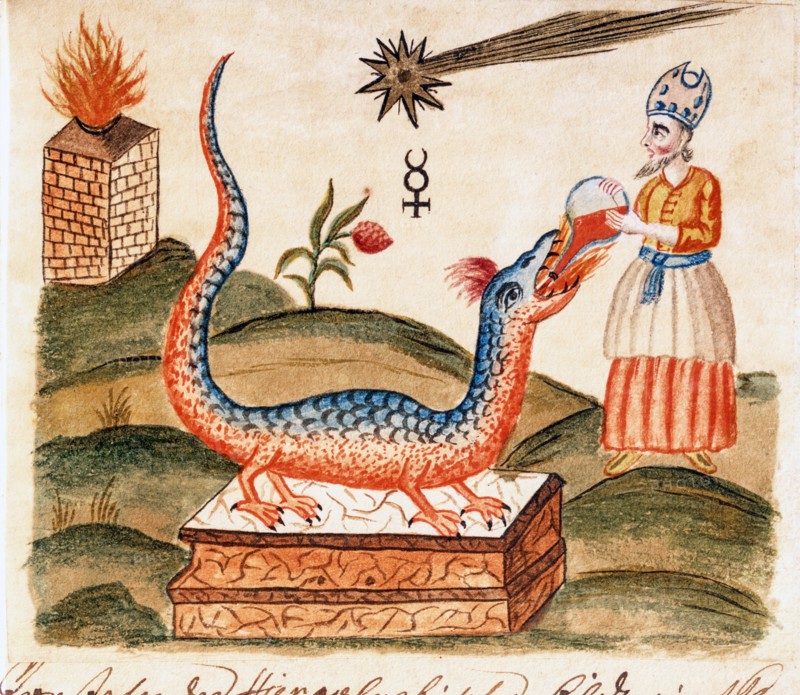 Art spagyrique : le magma noir est extrait pour séparer la pierre brute du métal pur, manuscrit alchimique "Clavis Artis" attribué à Zoroastre (Zarathoustra)