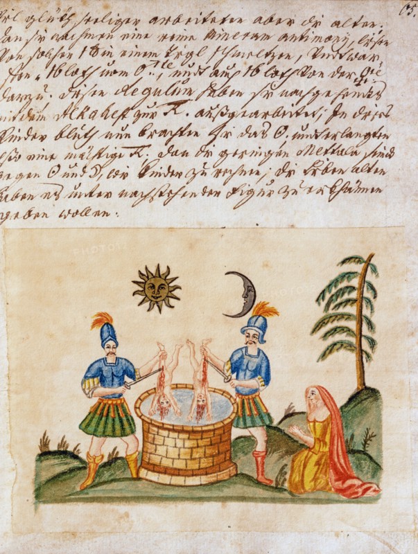 Représentation allégorique de l'Opus Alchemicum. Massacre des innocents. Le soleil préside à l'union des amoureux, manuscrit alchimique "Clavis Artis" attribué à Zoroastre (Zarathoustra)