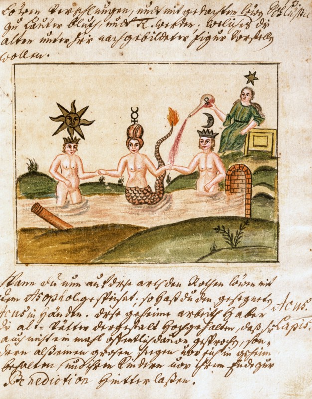 L'avènement du mercure : la déesse Astarté célèbre l'union alchimique entre la Lune et le Soleil, manuscrit alchimique "Clavis Artis" attribué à Zoroastre (Zarathoustra)