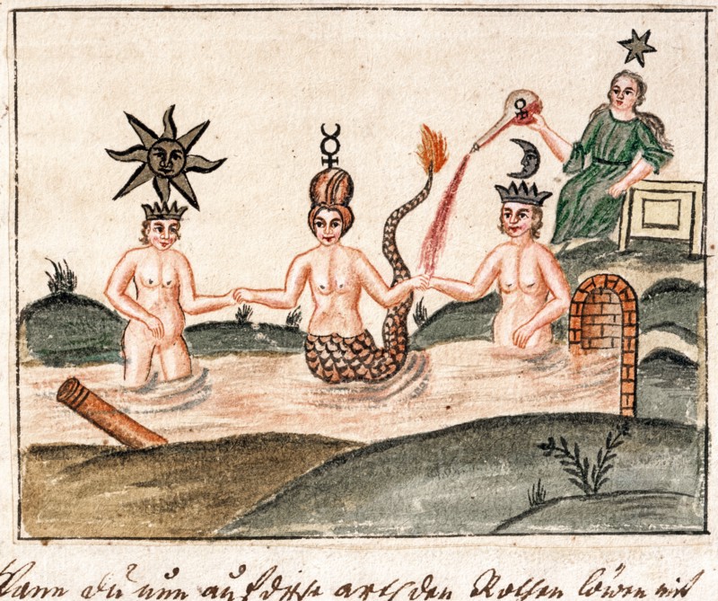 L'avènement du mercure : la déesse Astarté célèbre l'union alchimique entre la Lune et le Soleil, manuscrit alchimique "Clavis Artis" attribué à Zoroastre (Zarathoustra)