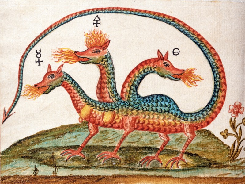 Dragon à trois têtes : le feu sacré divisé en sel, soufre et mercure, manuscrit alchimique "Clavis Artis" attribué à Zoroastre (Zarathoustra)