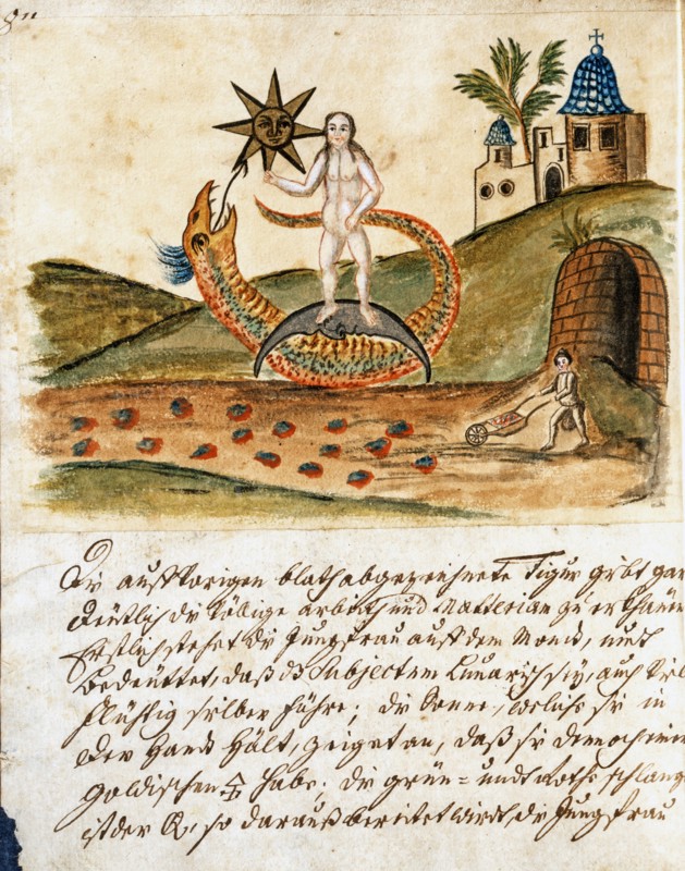 Phase de l'Opus Alchemicus : Le prêtre qui vit dans le temple extrait la matière première pour créer l'opera spagyrique, manuscrit alchimique "Clavis Artis" attribué à Zoroastre (Zarathoustra)