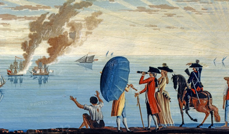 Baseggio, Caprice. Vue d'une marina près de Livourne, avec deux navires en feu (détail)