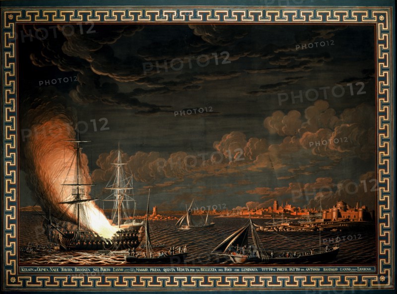 Baseggio, Vue sur le port de Kerson en Crimée avec un navire en feu